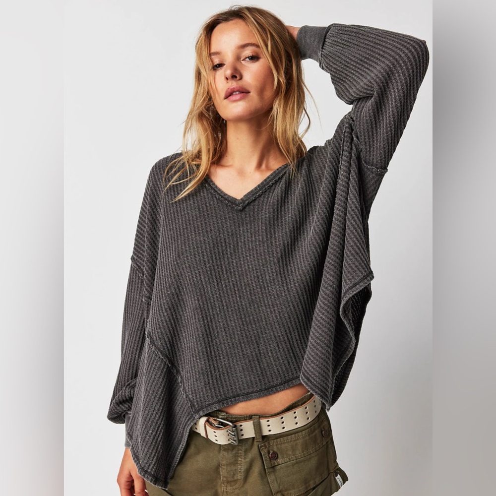 Free People Coraline Thermal Top Gray Oversized Long Sleeve size Medium